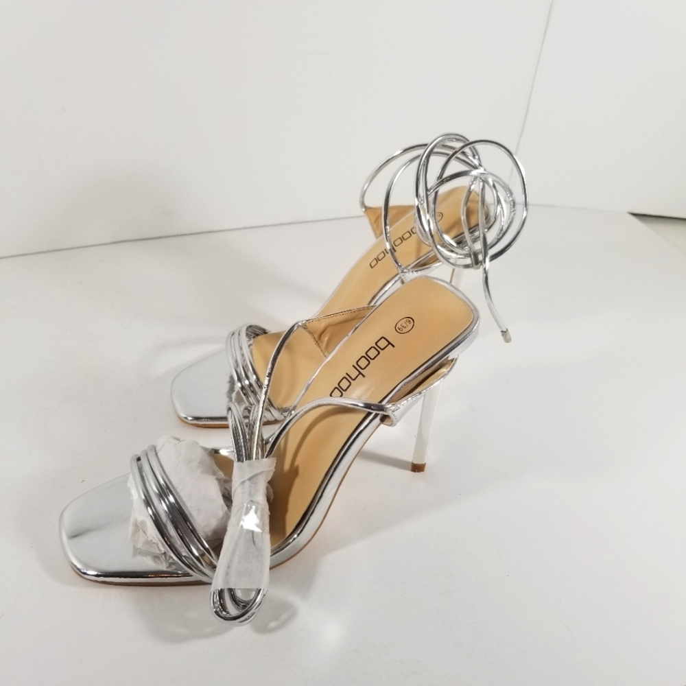 Boohoo Sandals Women's 8 Strappy Silver Wrap Gladiator High Heels Peep Toe